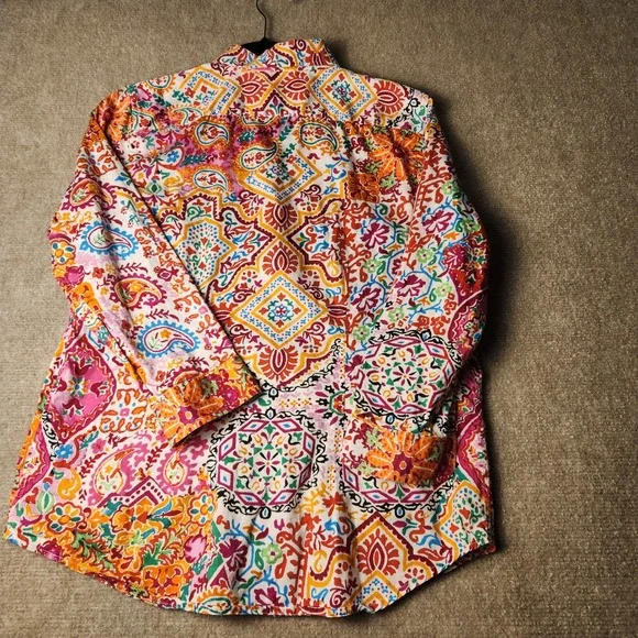 Lauren Ralph Lauren Womens Medium Cotton Paisley Boho Button Up Shirt Multi - Picture 9 of 9